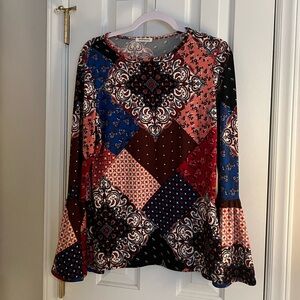 Andthewhy Boho Hippie Blouse Patchwork Pattern Bell Sleeve SIZE L